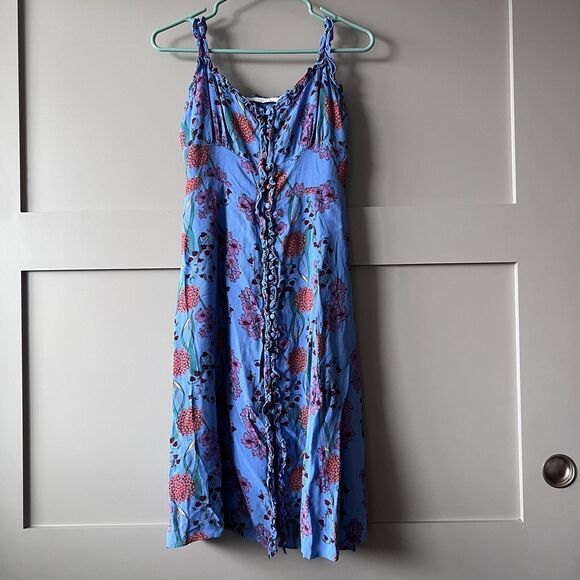 ASTR The Label Dress Womens Medium Blue Floral Ruffle Button Front Lined Midi - Picture 1 of 16